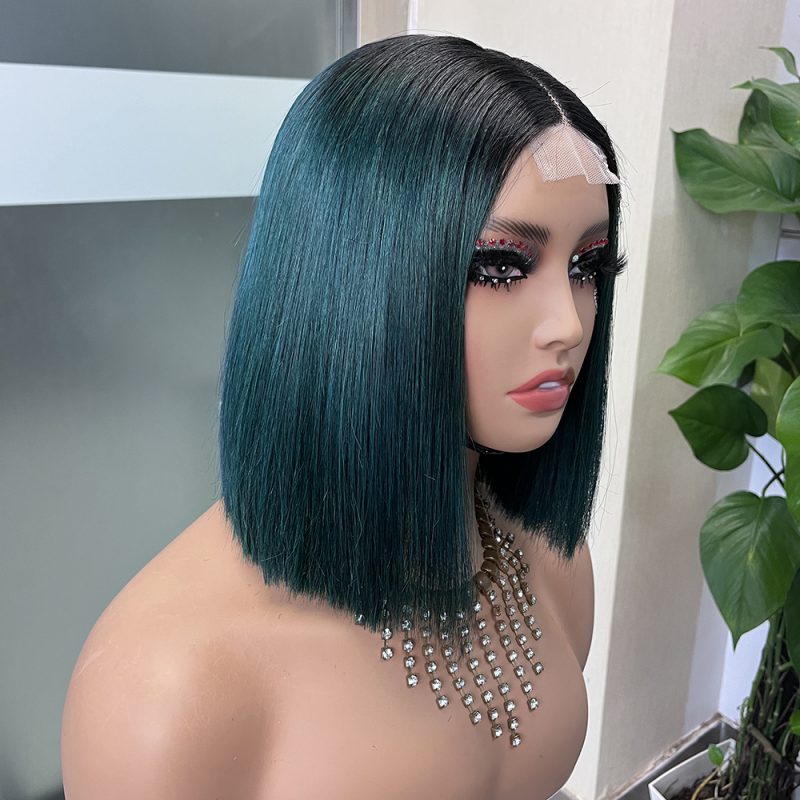 2x6 #1b/Green Colored Straight BOB Lace Closure Virgin Human Hair Wig - 图片 2